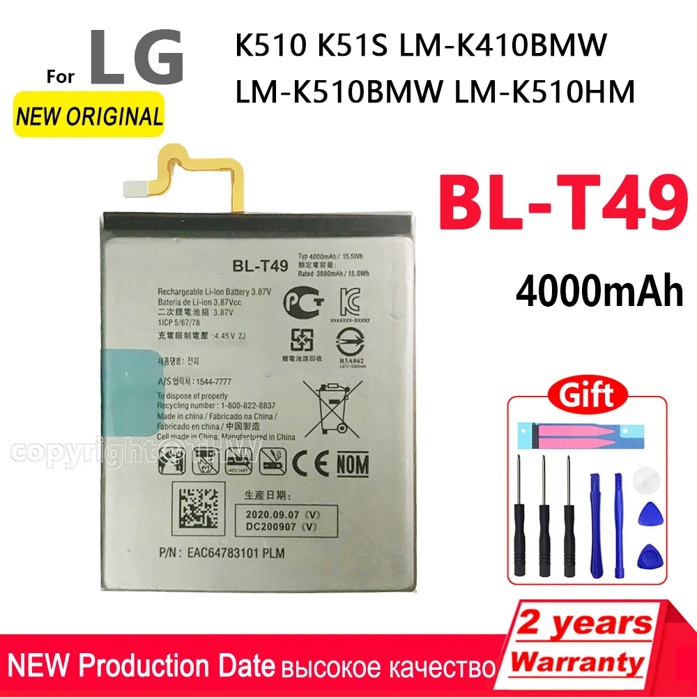 100% Original 4000mAh BL-T49 Battery For LG K510 K51S LM-K410BMW LM-K510BMW LM-K510H Phone Batteries With Tools+Tracking Number