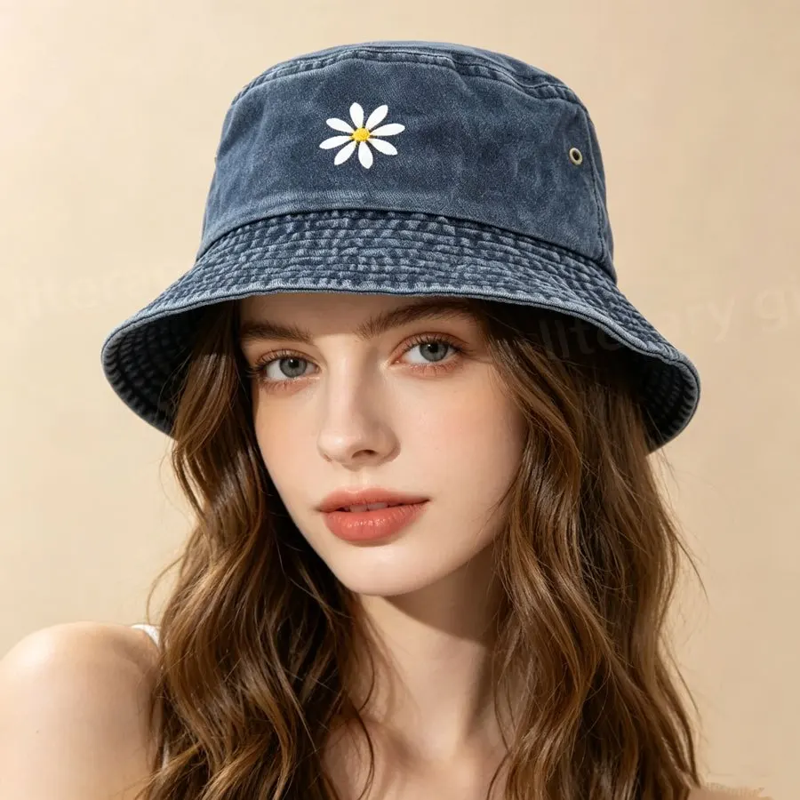 Style 1: Japanese-style Daisy Floral Washed Bucket Hat, Foldable Distressed Fishing Hat, Unisex Outdoor Product, Suitable for Da