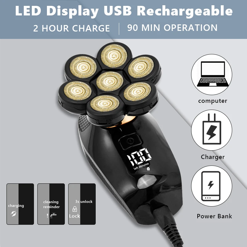 7d independentemente 7 cortador de cabeça flutuante à prova dwaterproof água navalha elétrica multifuncional carga usb aparador masculino barbeador para homem