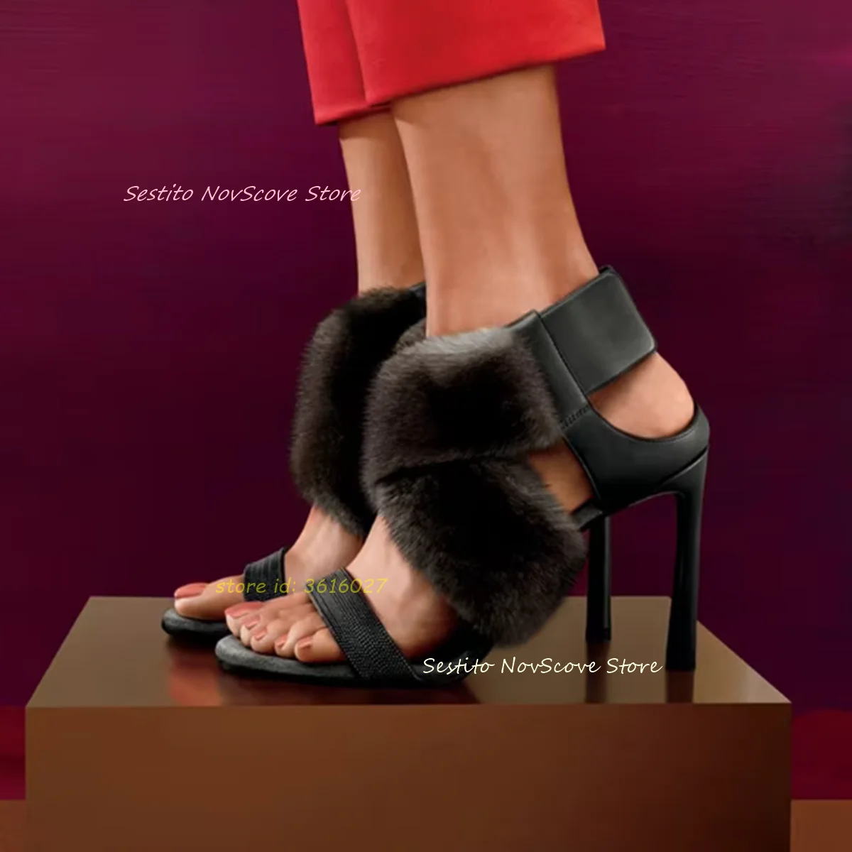 

Open Toe Cross Furry Sandals Slender Upper Shallow Stiletto High Heels Fur Sandals Cutouts Sexy Women Autumn Party Single Shoes