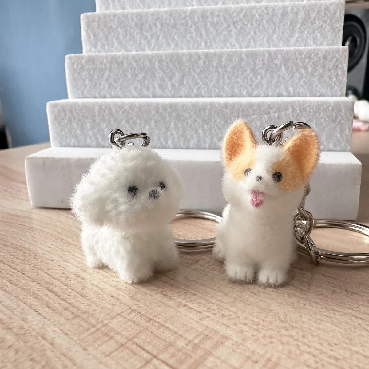 2Pcs Flocked Resin Bichon Frise Cute Pet Pendant DIY Keychain Mobile Phone Chain Accessory Animal Charm