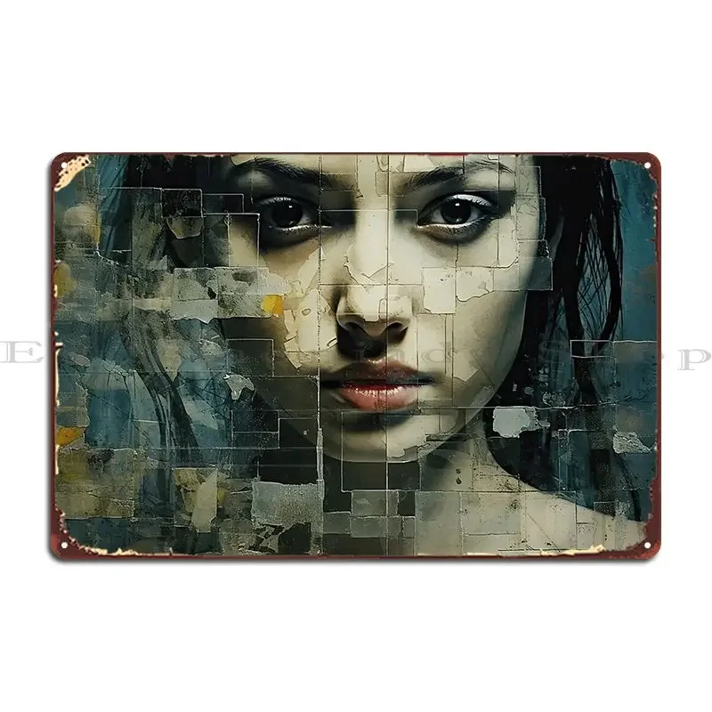 Soulful Expressive Woman S Face Concrete Puzzle Graphic Dress Metal Plaque Retro Club Kitchen Print Wall Cave Tin Sign Poster