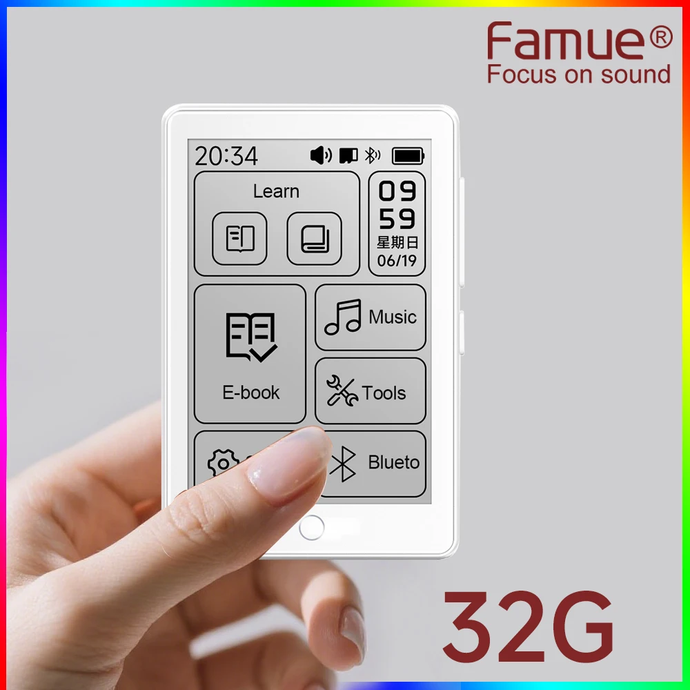 Fmaue BF07 Reproductor de MP3 E-Ink y mini lector de libros electrónicos, grabadora de audio/radio Bluetooth/sin pérdidas, dispositivo de bolsillo portátil de 32 GB