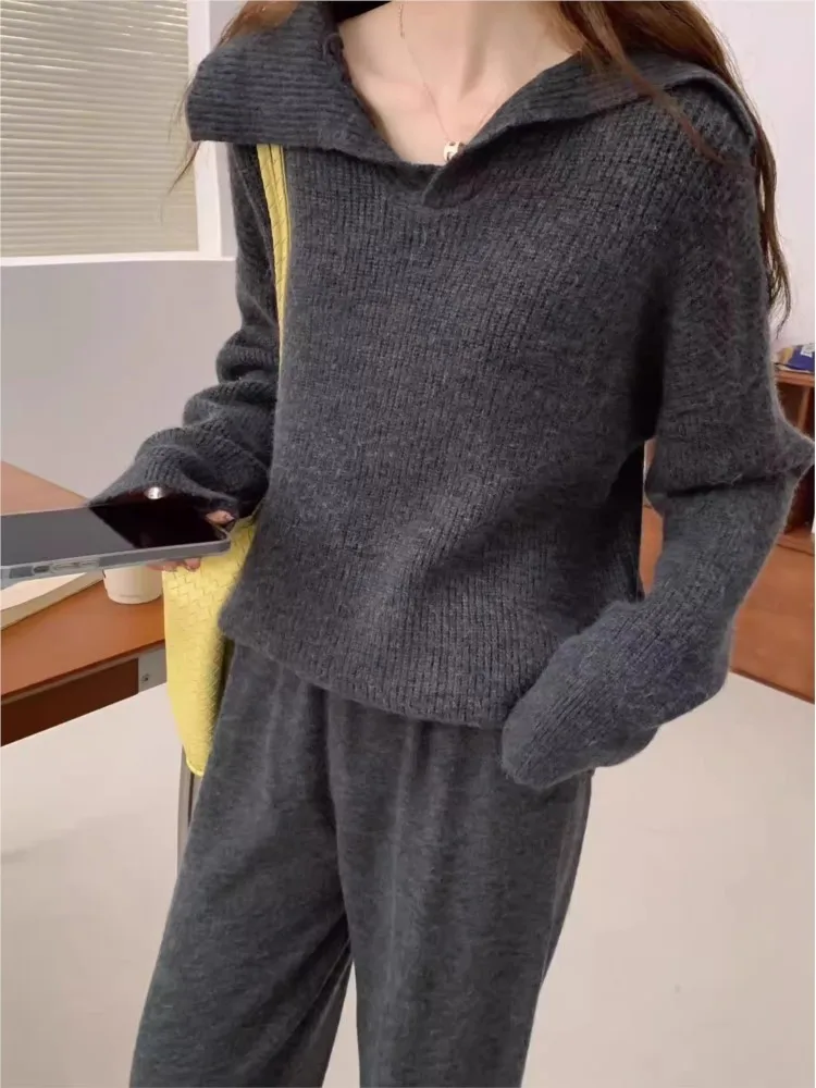 Autumn 2 Piece Set Pullover Sweater Knitted Tracksuit Women Korea New Turn-Down Collar Clothes High Waist Straight Pants Suit