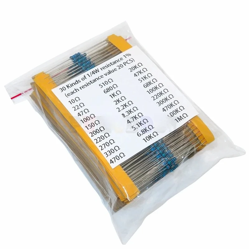 

1K 10K 100K 220 ohm 1M resistor 300 pieces/set 600 pieces/set 30 types 1/4W resistor 1% metal film resistor package matching kit