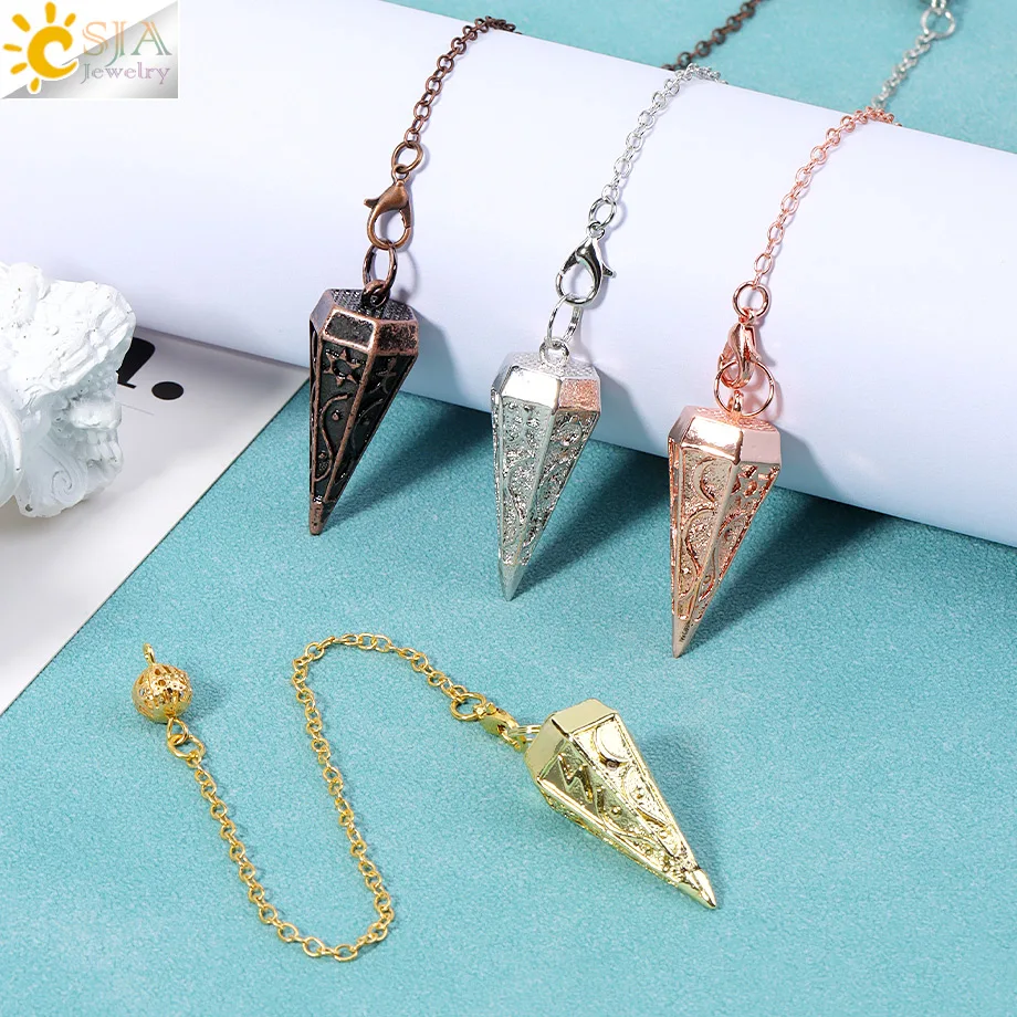 CSJA Antique Copper Metal Pendulum for Healing Dowsing Divination Rune Pendant  Balancing Spiritual Pendule Jewelry H747