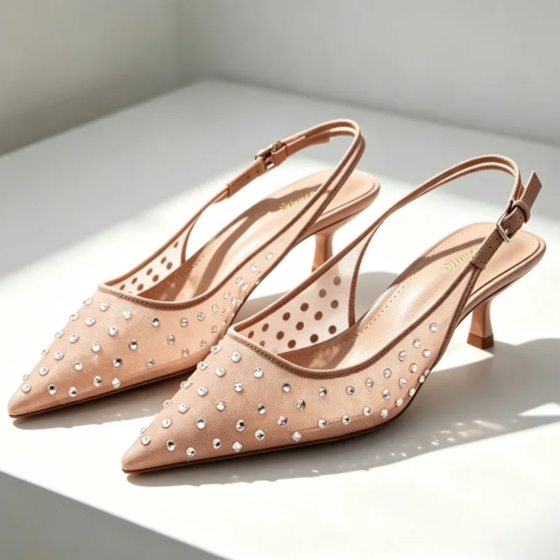 Sexy Rhinestones Pointed Toe Sandals Women Fashion Metal Buckle Detail Mesh Mules Summer Elegant Stiletto High Heels for Ladies