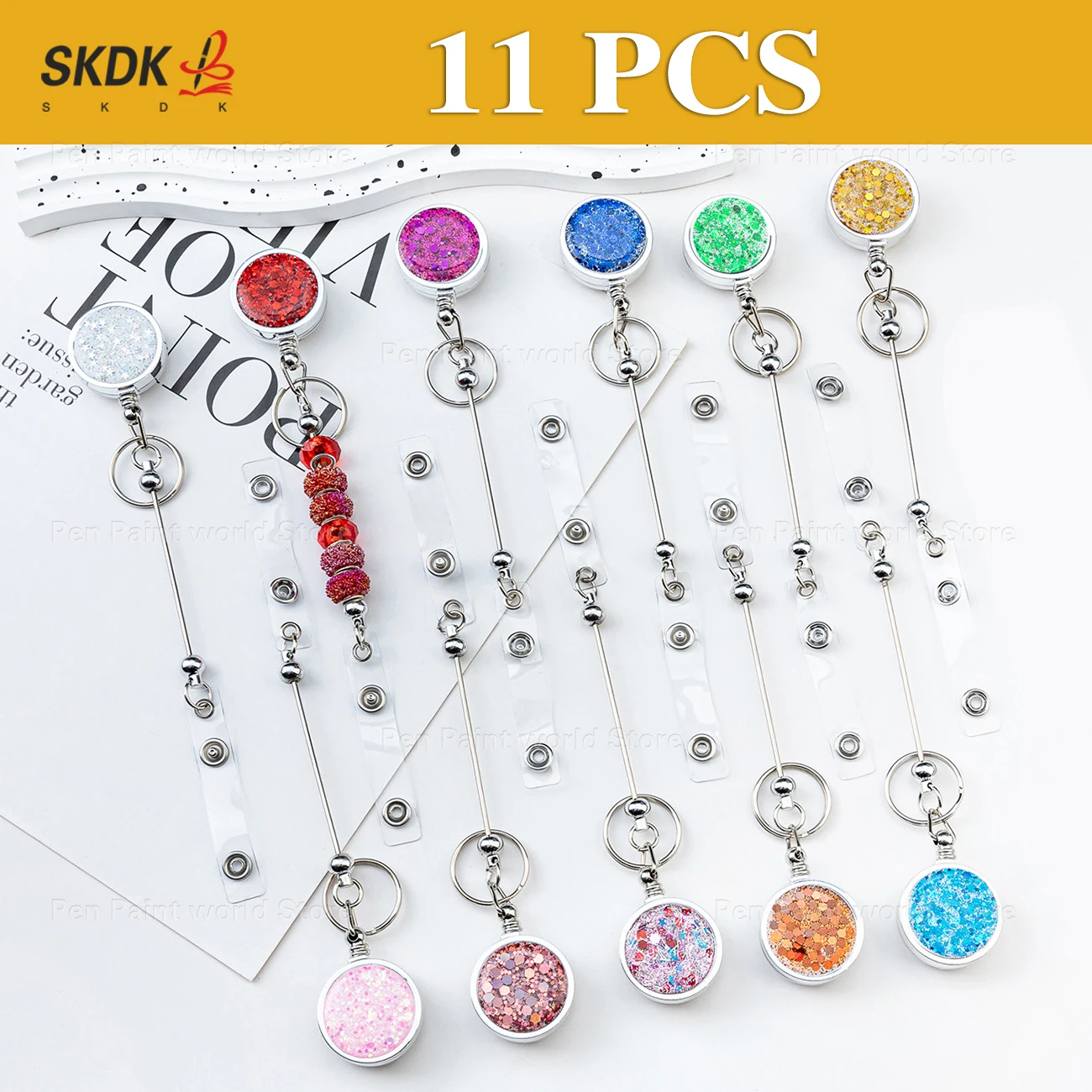 11Pcs Glitter Sequin ID Badge Holder with DIY Beaded Lanyard & Retractable Clip for Work Cards