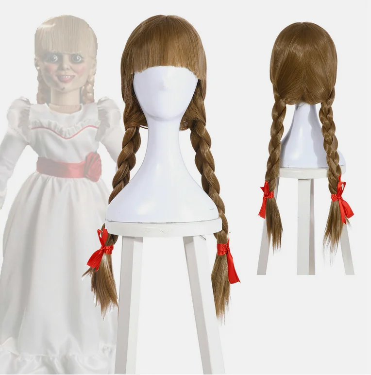 Halloween The Conjuring Annabelle Bangs Trenza Colas de caballo Peluca de cosplay rubia ceniza