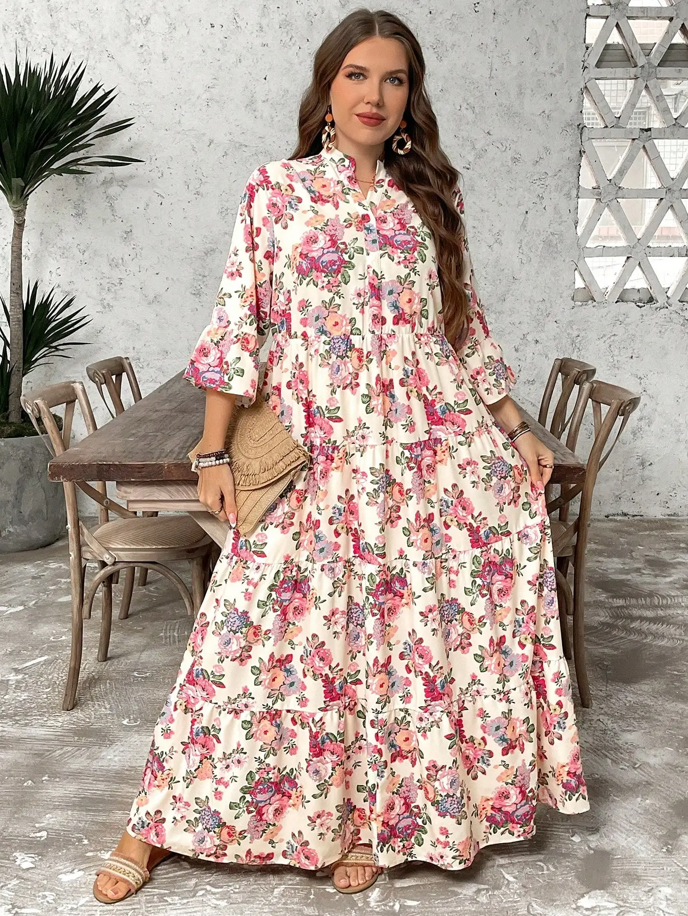

Boho Floral Print Tiered Maxi Dress With Flare Sleeve Casual Summer Women Dress