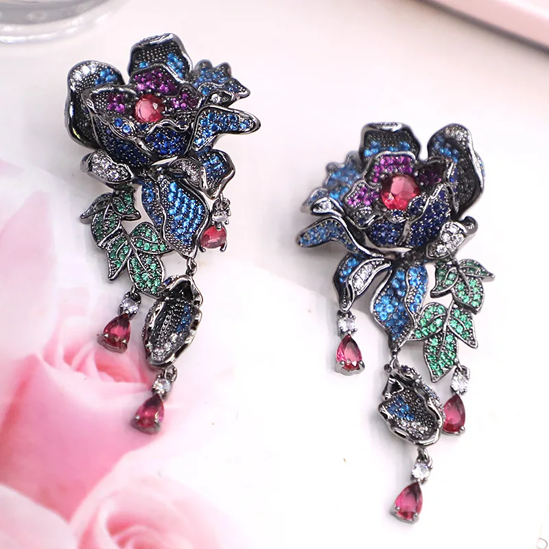 Bilincolor Micro Inlaid Zircon Peony Earrings For Women