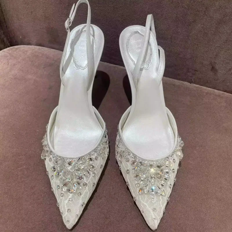 Diamond Lace Pointy Sandals Wedding Shoes Women's 8Cm High Stiletto Heels Single Shoes Bridal Shoes Crystal Banquet Dress Shoe