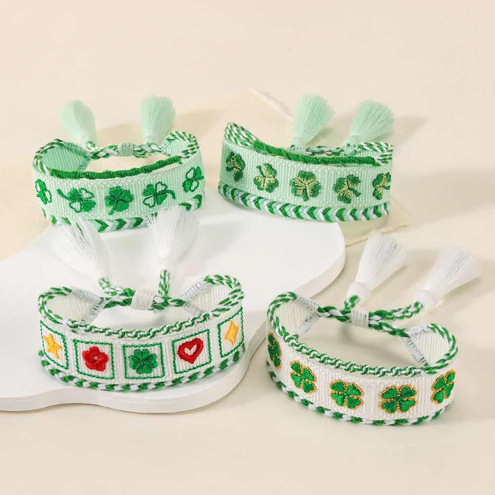 

Woven Cotton Bracelet with 4-Leaf Clover Embroidery Symbolizing Luck and Prosperity Gift for Men Women