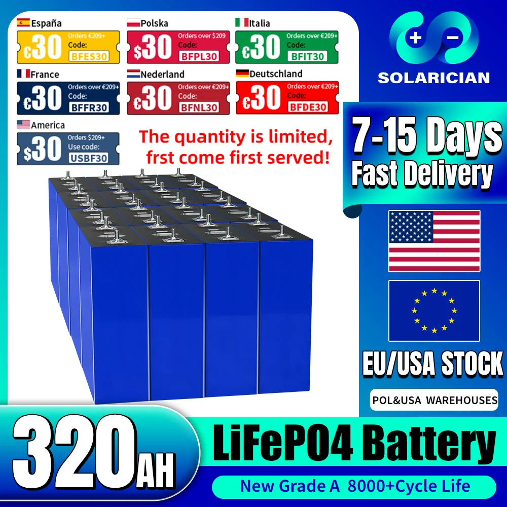 New EU US Stock 3.2V 320Ah LiFePO4 Battery Grade A Rechargeable Cell 8000 Cycle bateri Solar Battery For 12V 24V 48V RV EV Carts