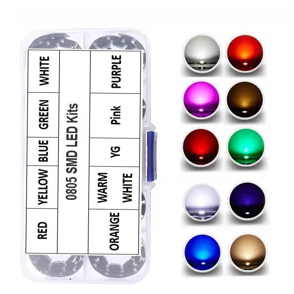 1000Pcs 10 Colors x 100Pcs SMD 0805 (2012) LED White Red Green Yellow Blue Warm Pink Purple Orange Light Emitting Diode Kit