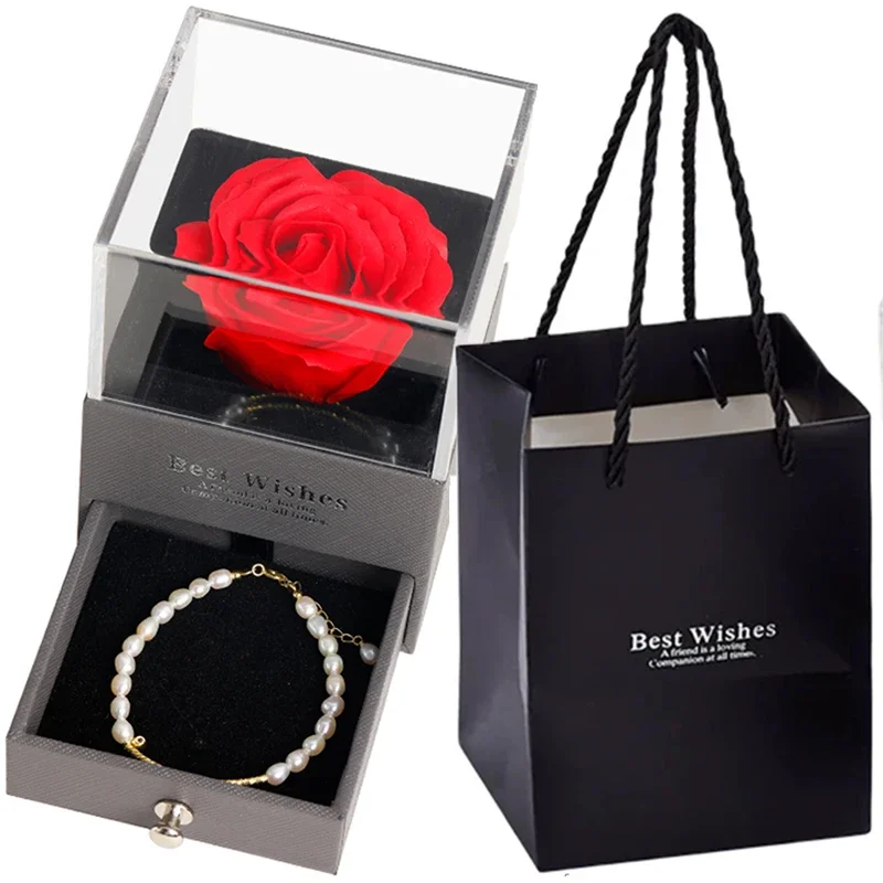 Creative Double Open Eternal Rose Box Eternal Soap Flower Jewelry Box Ring Necklace Storage Case Valentines Surprise Gift