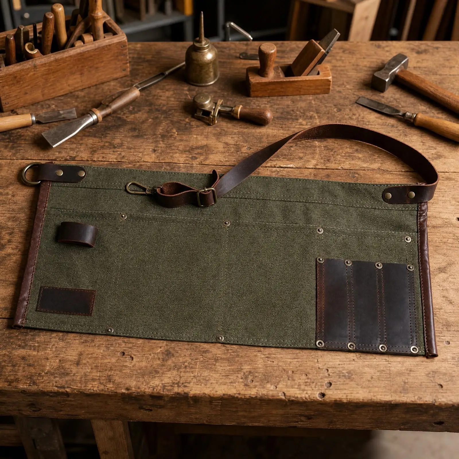 Multi Pocket Gardening Apron for Men with Canvas Leather Material and Riveted Narrow Slots for Tools