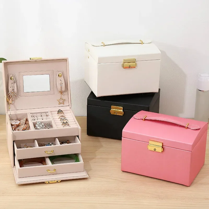 3-layer Large-capacity Jewelry Box Mirror Storage Makeup Box Storage Earring Holder Make Up Storage Box Home Organizer