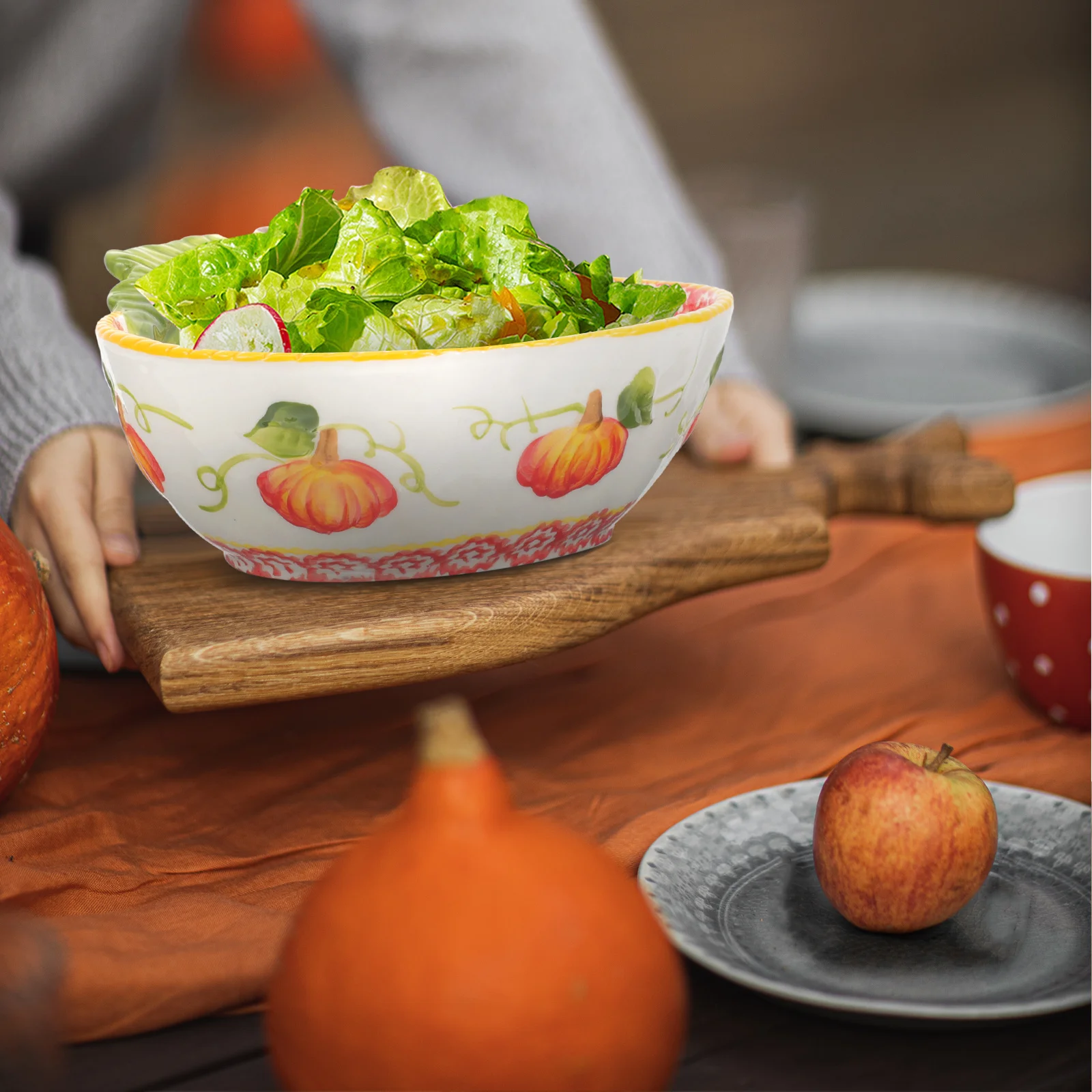 

Керамическая миска с рисунком тыквы, многофункциональная обеденная миска с нескользящим краем для дома, кухни, ресторана, десерта, хранения фруктов