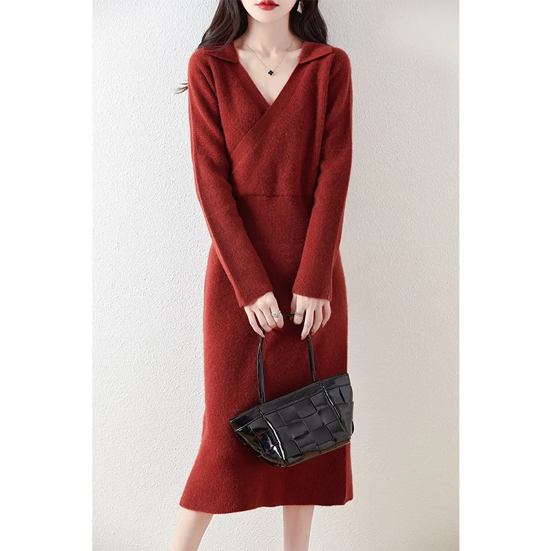 100% Wool Dress Women's Autumn Winter Long Sleeved Slim Fit Solid Color French Fashion Lapel Pullover V-Neck Knitted Top