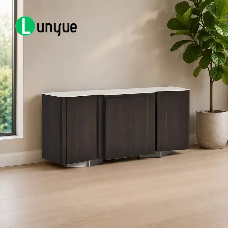 Luxury Black Wood Display Cabinet with Marble Top Modern Living Room Storage Locker Elegant Home Furniture for Decorative