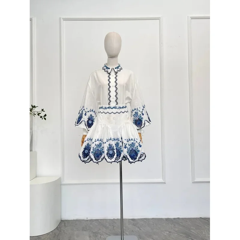 2025 New Fashion White Hollow Embroidery Long Sleeve Blouse Top and Mini Skirt Set