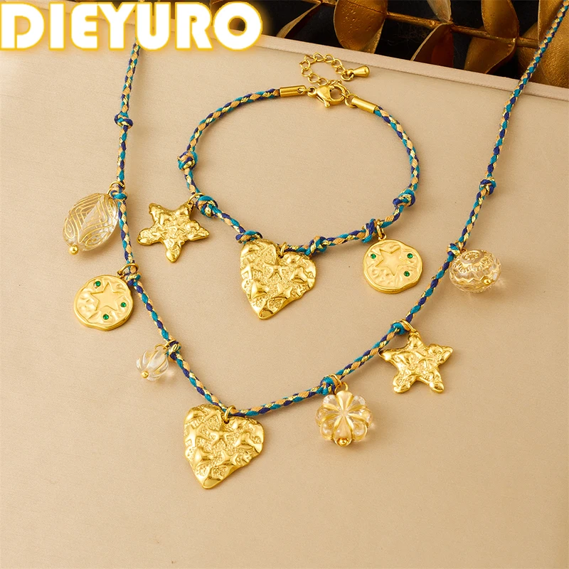 

DIEYURO 316L Stainless Steel Golden Star Pattern Heart Crystal Necklace Bracelet Set Lady New Trend Waterproof Jewelry Gift Set