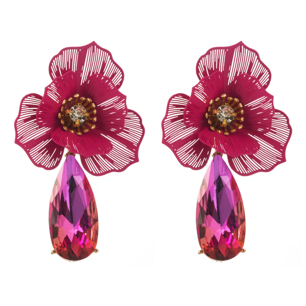 Boho Multi Colors Big Flower with Water Drop Crystal Dangle Earrings for Women Fuchsia Jewelry