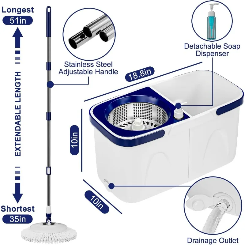 Spin Mop and Bucket with Wringer Set, Mop Bucket System Separate Clean and Dirty Water