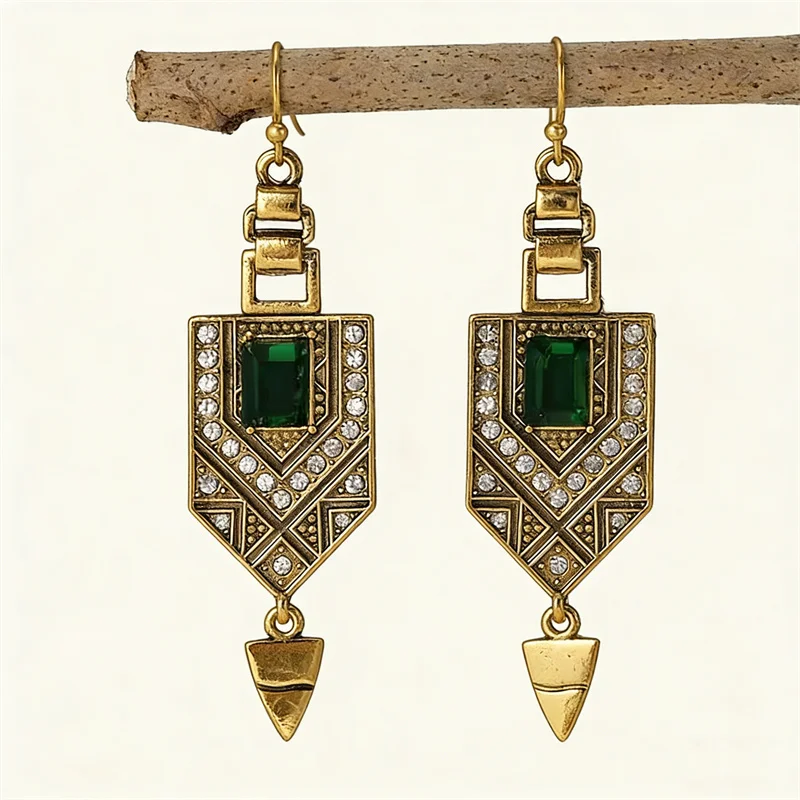 Ethnic Square Green Stone Earrings Vintage Originality Gold Color Metal Carving Pattern Hanging Accessory Dangle Earrings
