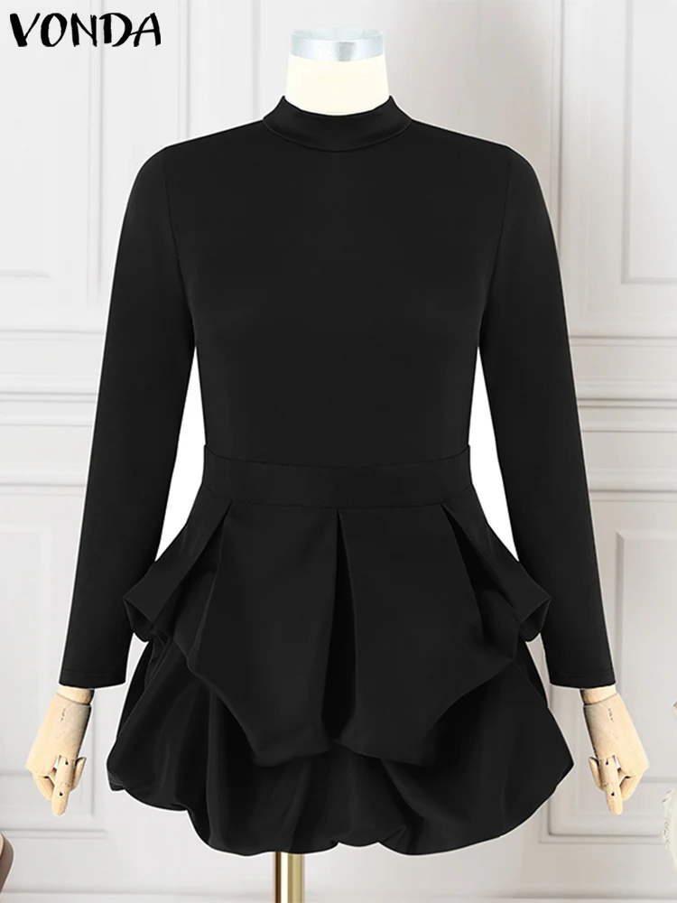 

Plus Size 5XL VONDA Women Mini Dress 2025 Elegant Solid Color Well Fitting Long Sleeve Vestidos Casual Pleated Sundress