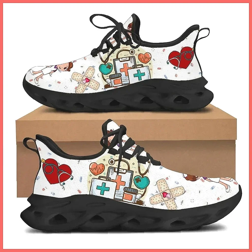 ** Cute Cartoon Print Women's Nursing Sneakers - White Medical Doctor Shoes Lightweight Lace-up Flats ** (72 characters) view 4