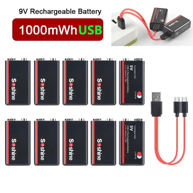 Soshine USB Lithium-ion Battery 9V 1000mAh Low Self-discharge Li-ion Rechargeable Batteries 4-Year Shelf Life 4LED Power Display