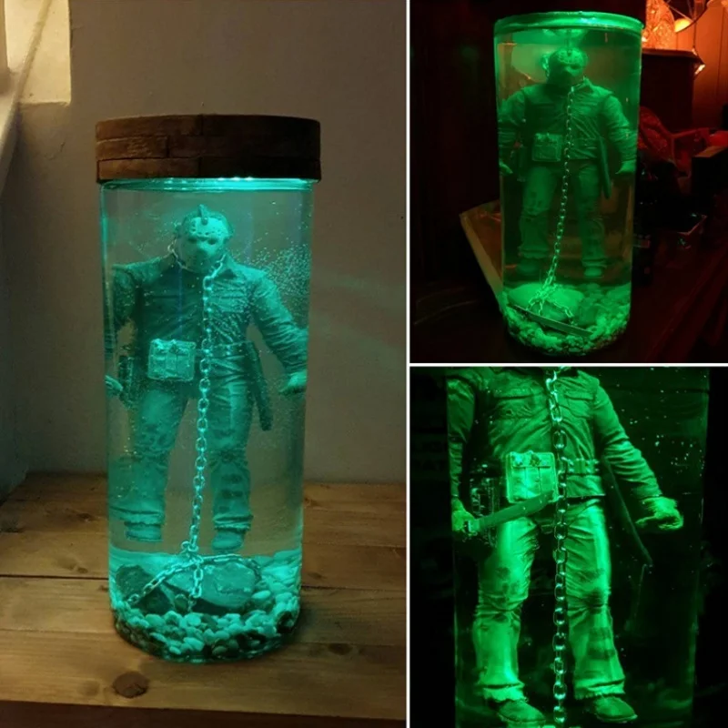 Figuras de acción de Jason Voorhees, lámpara de agua de coleccionista, viernes, Jason Lives, figurita de terror, recuerdo de Halloween, luz nocturna, figuras de juguete