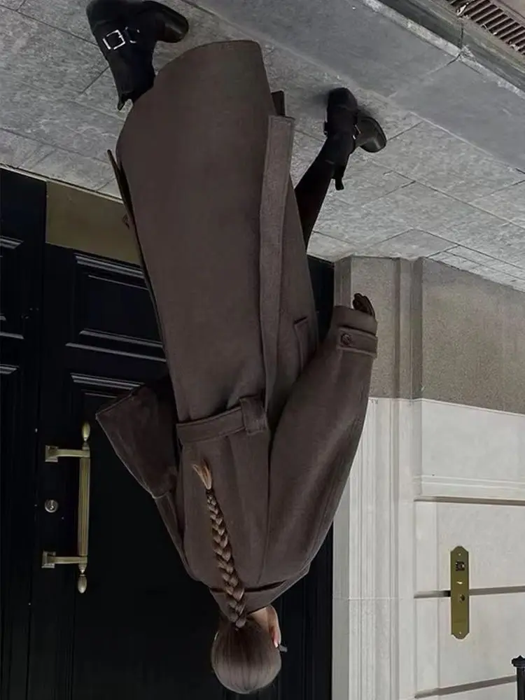 

HH женская зимняя мода 2025 года, винтажная шерстяная куртка с лацканами и длинными рукавами, женская уличная повседневная однобортная куртка с карманами