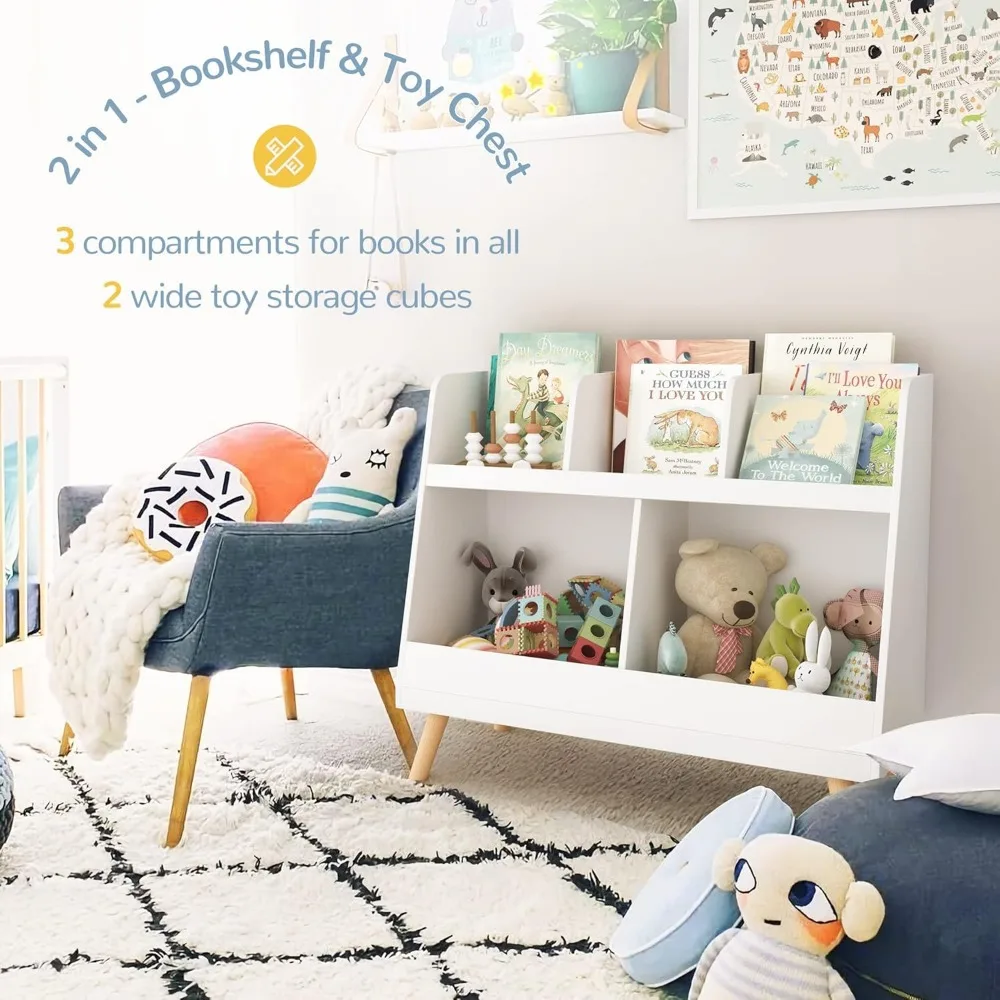 Bibliothèque ouverte en bois pour enfants, bibliothèque à 2 niveaux, présentoir de rangement pour bébé avec pieds, 5 Cubbies, évaluation des jouets