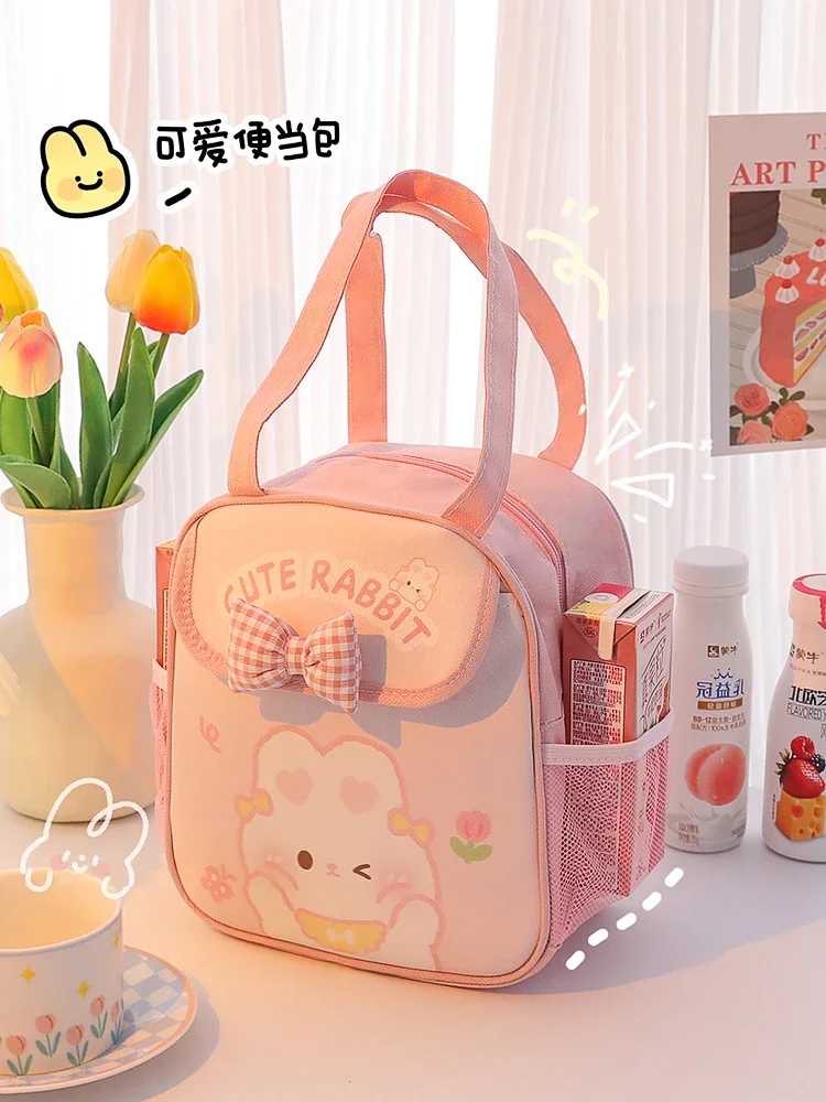 Pink Cute Rabbit Bear Thermal Insulation Lunch Box Bag Canvas Portable Child Student Office Worker Large High Capacity Handbag