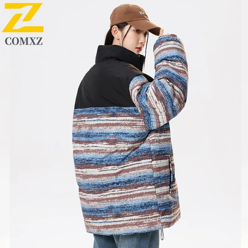 COMXZ Men Casual Color Block Reversible Jacket Stand Collar 2025  American Style New Thick Warm Cotton-Padded Winter Sports Coat
