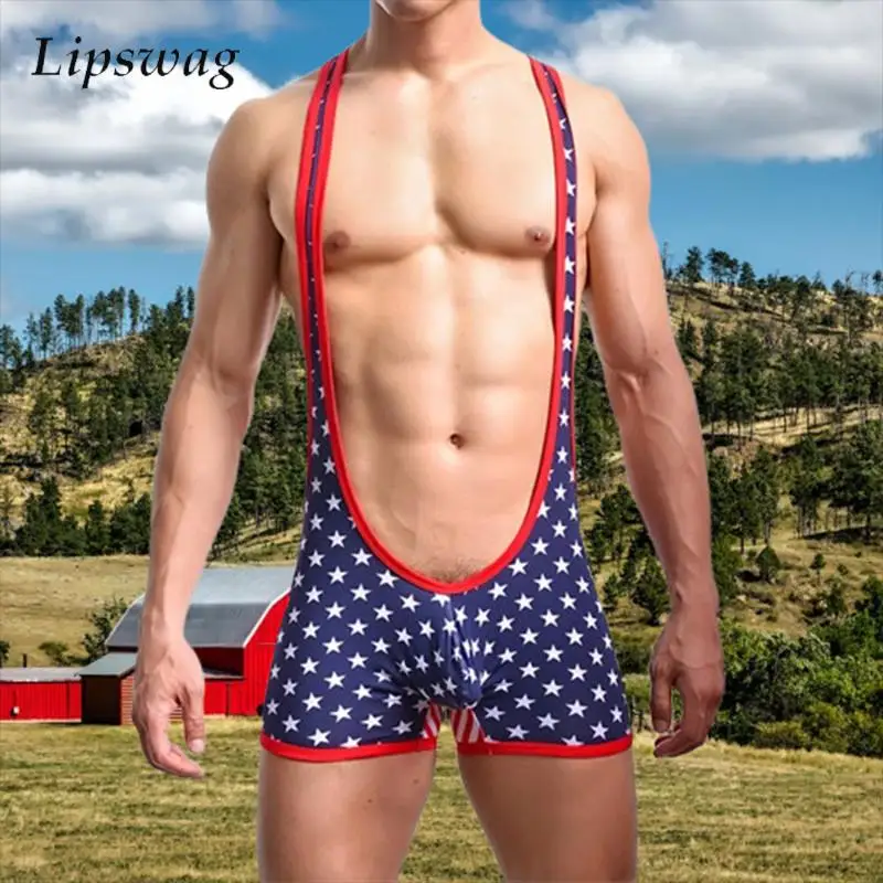 

Flag Printing Mens Jumpsuits Sexy Hollow Out Slim Sleeveless Tank Tops Bodysuits Sports Fitness Men Fashionable Playsuits