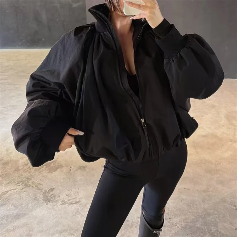 women's jacket 2026 Autumn New Stand up Loose Women's Coat Ribbed Knitted Splicing Women's padded jacket women's bomber jacket
