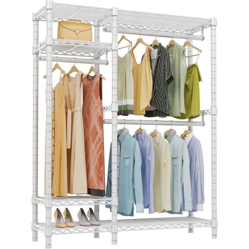 Garment Rack Heavy Duty Clothes Rack 4 Tiers Wire Shelving Clothing Racks with 3 Hanging Rods Compact Freestanding Closet Metal