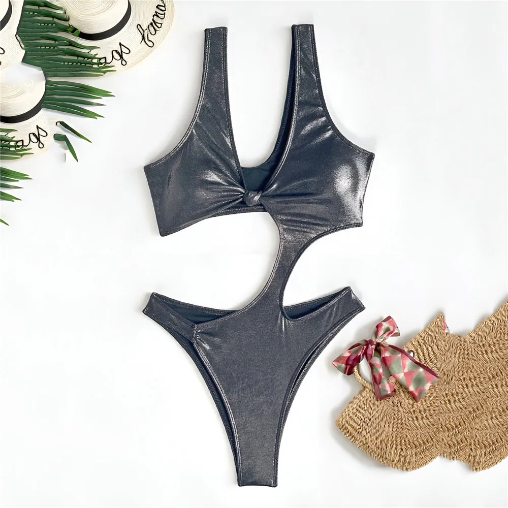 Silver Black Shiny Sexy Swimsuit Woman One Piece Knotted Swimwears 2026 Hollow Out Monokini High Cut Swimming Bathing Suit Wear
