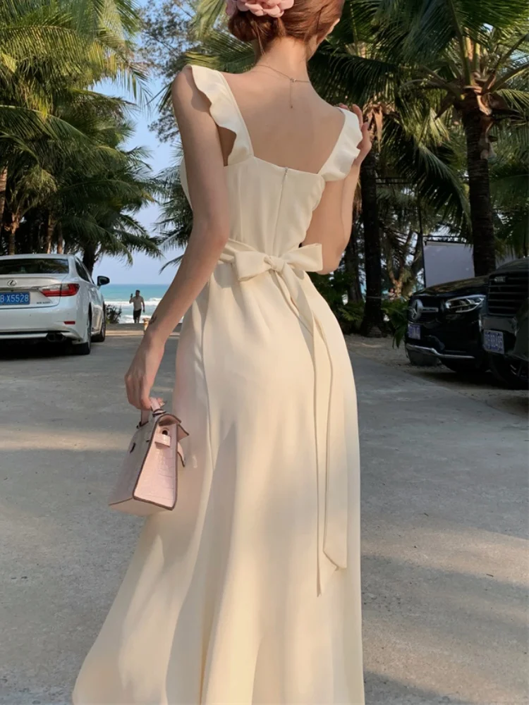 2024 Summer French Elegant Strap Dress For Women Casual Sleeveless Midi Dress Female Beach Style Elegant One Piece Dress Korean