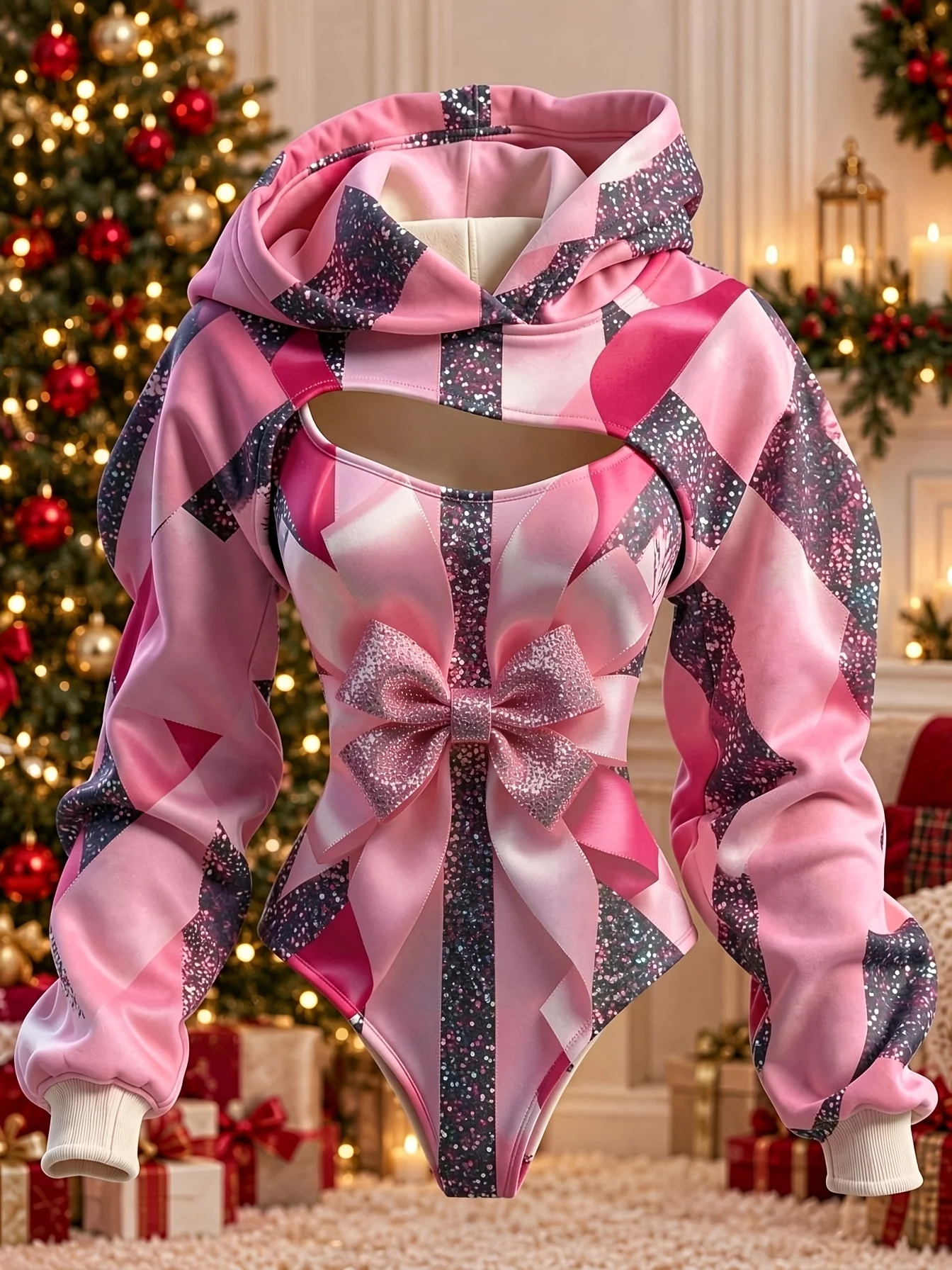 Women Sweet Bow Plaid Glitter Print Double Hood Bodysuit Hollow Out Long Sleeve Hoodie Jumpsuit