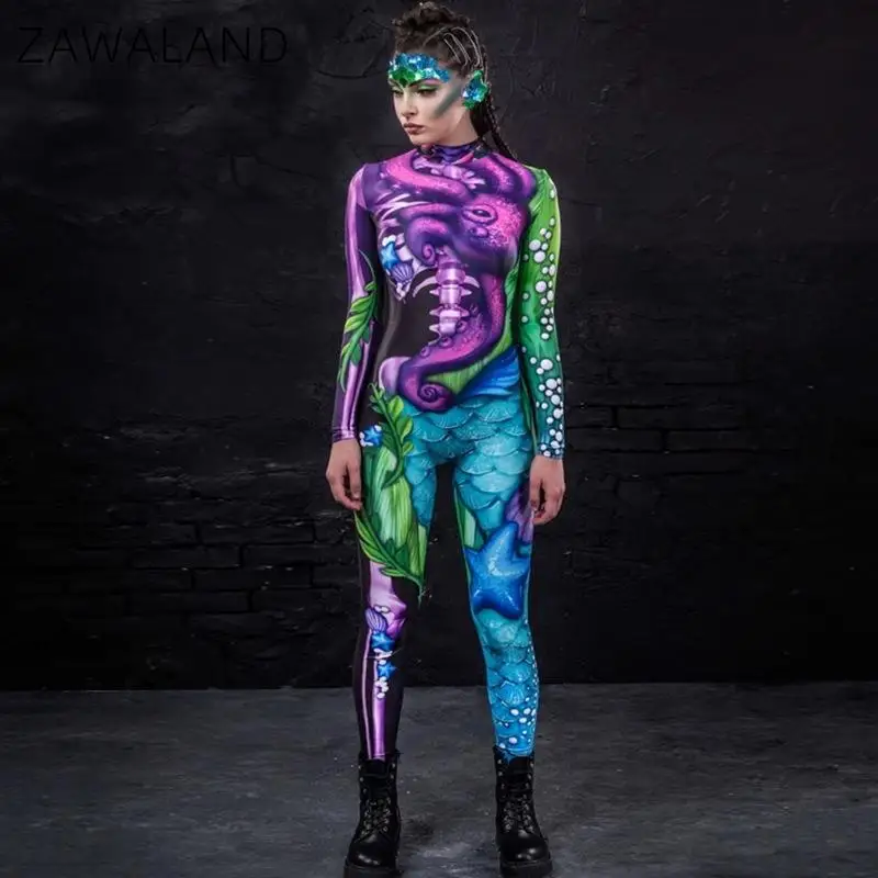 Zawaland ชุดคอสเพลย์ผู้หญิง Tights Elastic Jumpsuit Zentai บอดี้สูทแฟนซีชุดปาร์ตี้ฮาโลวีนเครื่องแต่งกายแขนยาว Catsuit