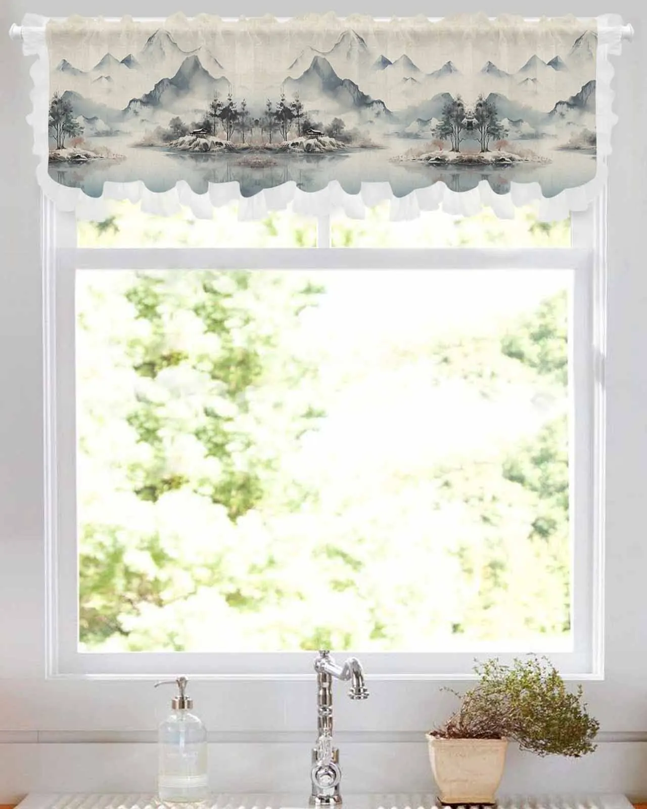 

Landscape Tree Watercolor Short Tulle Half Curtains for Living Room Kitchen Door Cafe Window Sheer Valance Drapes