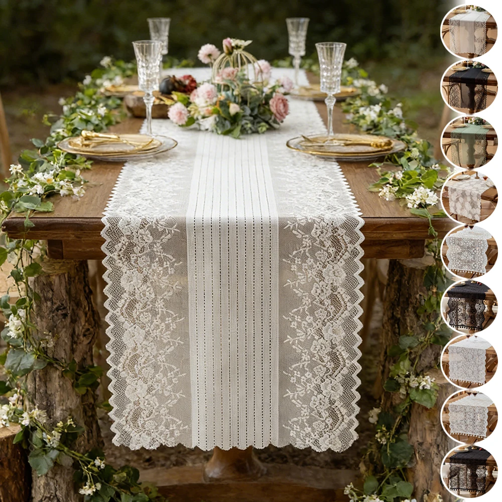

Vintage White Table Runner Christmas Crochet Lace Cotton Blended Fabric with Tassel for Coffee Table Decor Wedding Decoration
