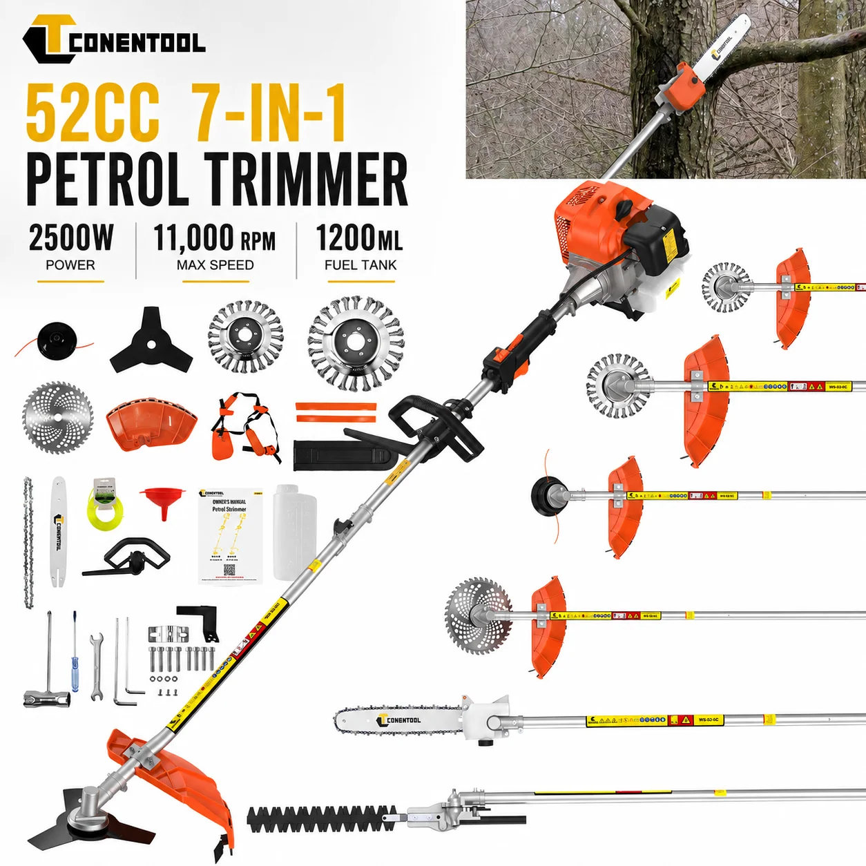 CONENTOOL 52CC 2500W Débroussailleuse 7-en-1 2 temps 11000RPM Coupe-herbe Taille-haie Tronçonneuse Coupe-mauvaises herbes Lame de scie Brosse métallique Réservoir de 1,2L Coupe de 10 pouces pour jardin, verger, ferme, champ, buisson, pente, outil d'entretien extérieur
