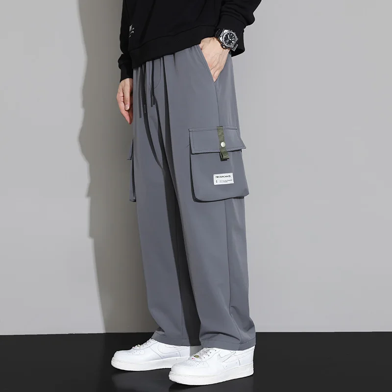 Spring Autumn Men's Elastic High Waisted Solid Bandage Drawstring Pockets Casual Loose Wide Leg Trousers Fashion Vintage Pants