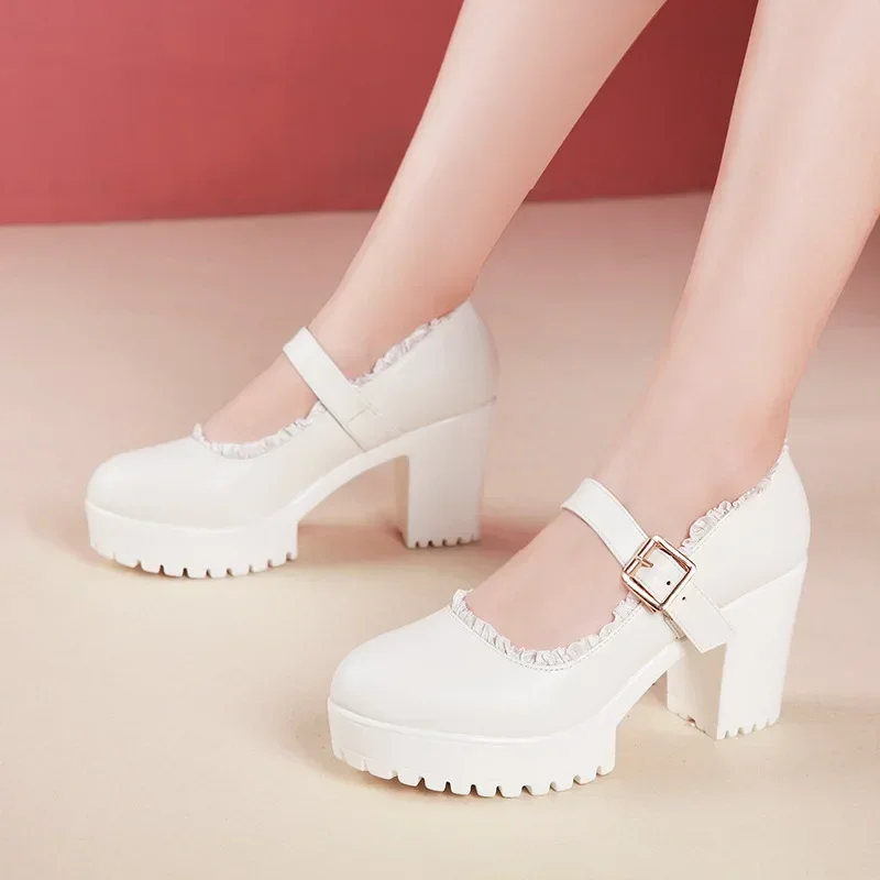 8cm 15cm Shallow Small Size 32-43 Platform Pumps White Wedding Shoes 2024 Fall Women\'s Block High Heels Shoes Office Model Mom